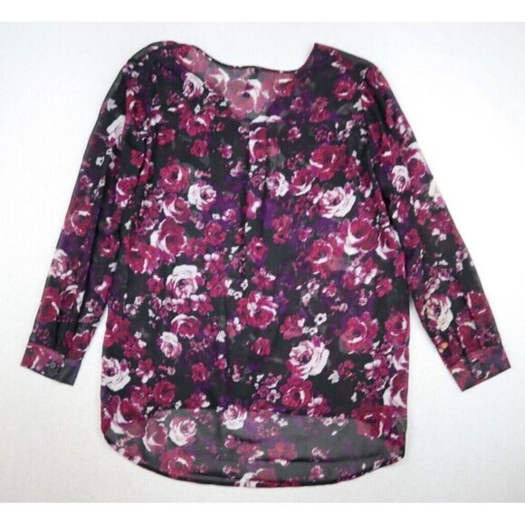MASSINI - WOMEN'S BLACK & PURPLE SHEER PRINT LONG SLEEVE TUNIC TOP - SIZE L - Picture 8 of 9